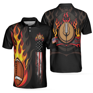 Flame American Football Black Polo Shirt, American Flag Football Polo Shirt, Best Football Shirt For Men