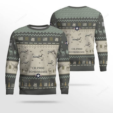 FUNSTUFFPRINT Bombardier CRJ900 Aircraft Ugly Sweater, Ugly Sweater Christmas Shirt for Men Dad Veteran Ugly Sweater