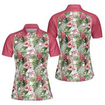 Golf Ball On Tropical Flowers Background Short Sleeve Women Polo Shirt