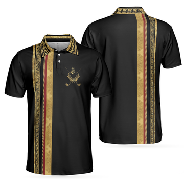 Golf Crusader King Luxury Baroque Pattern Golf Polo Shirt, Elegant Black Golfing Polo Shirt, Best Golf Shirt For Men