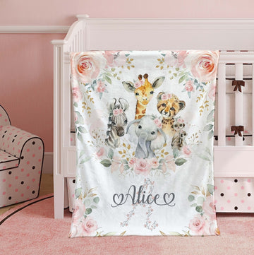 FUNSTUFFPRINT Custom Safari Animal Nursery Blanket, Personalized Floral Animal Blanket, Rose Flowers Girl Room Decor Kids Custom Name Blanket Baby Shower Gift