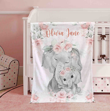 FUNSTUFFPRINT Custom Mom And Baby Elephant Nursery Blanket, Personalized Floral Animal Blanket, Flowers Girl Room Decor Kids Custom Name Blanket Baby Shower Gift