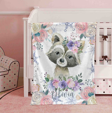FUNSTUFFPRINT Custom Winter Floral Raccoon Nursery Blanket, Personalized Baby Animal Blanket, Christmas Baby Kids Custom Name Blanket, Jungle Baby Shower Gift
