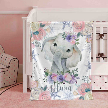 FUNSTUFFPRINT Custom Winter Floral Elephant Nursery Blanket, Personalized Baby Animal Blanket, Christmas Baby Blanket Kids Custom Name Jungle Baby Shower Gift