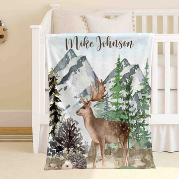 FUNSTUFFPRINT Custom Woodland Reindeer Nursery Blanket, Personalized Baby Deer Blanket, Forest Animal Baby Blanket Kids Custom Name Blanket Baby Shower Gift