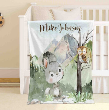 FUNSTUFFPRINT Custom Little Bunny Nursery Blanket, Personalized Baby Owl Blanket, Woodland Animal Baby Blanket Kids Custom Name Blanket Forest Baby Shower Gift