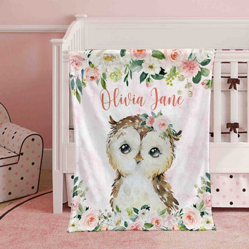 FUNSTUFFPRINT Custom Pink Floral Owl Nursery Blanket, Personalized Baby Owl Blanket, Rose Flowers Girl Room Decor, Kids Custom Name Blanket, Baby Shower Gift