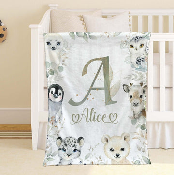 FUNSTUFFPRINT Custom Baby Animals Blanket, Winter Snow Animal Nursery Blanket, Custom Alphabet Blanket, Personalized Baby Shower Gift, Arctic Kids Custom Blanket