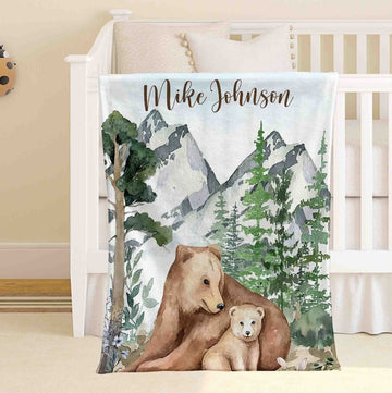 FUNSTUFFPRINT Custom Mom And Baby Bear Nursery Blanket, Personalized Woodland Bear Blanket, Forest Animal Baby Blanket Kids Custom Name Blanket Baby Shower Gift
