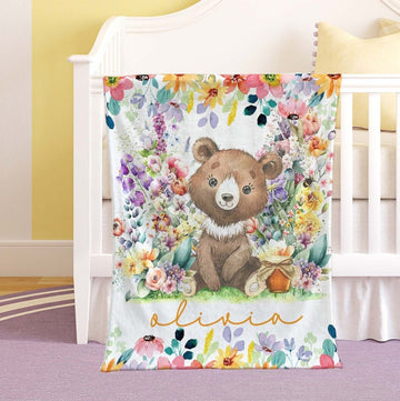 FUNSTUFFPRINT Custom Floral Nursery Blanket, Personalized Woodland Animal Blanket, Little Bear Baby Blanket, Kids Custom Name Blanket, Colorful Baby Shower Gift