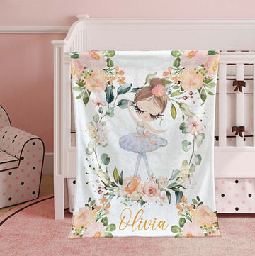 FUNSTUFFPRINT Custom Ballerina Blanket, Ballet Girl Nursery Blanket, Personalized Dancer Gift, Flowers Baby Blanket, Kids Custom Blanket, Floral Baby Shower Gift