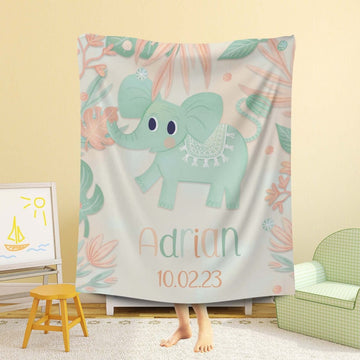 FUNSTUFFPRINT Custom Baby Elephant Blanket, Floral Elephant Nursery Blanket, First Christmas Baby Boy Blanket, Kids Custom Blanket, Baby Shower Gift