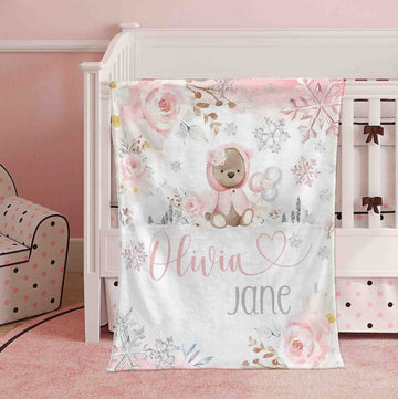 FUNSTUFFPRINT Custom Floral Teddy Bear Baby Blanket, Winter Snow Nursery Blanket, Xmas Baby Girl Blanket, Personalized First Christmas Gift, Kids Name Blanket