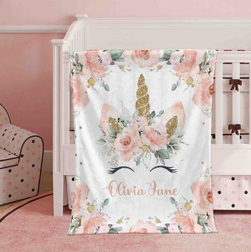 FUNSTUFFPRINT Custom Floral Unicorn Baby Blanket Personalized Christmas Nursery Blanket Kids Custom Name Blanket Pink Flowers Baby Shower Gift For Girls