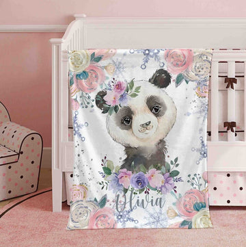 FUNSTUFFPRINT Custom Winter Floral Panda Nursery Blanket, Personalized Baby Panda Animal Blanket, Christmas Baby Blanket Kids Custom Name Jungle Baby Shower Gift