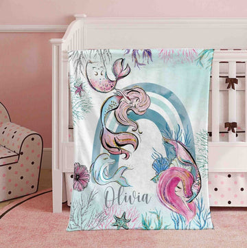FUNSTUFFPRINT Custom Little Mermaid Nursery Blanket, Personalized Underwater Rainbow Blanket, Baby Mermaid Kids Custom Name Blanket, Ocean Baby Shower Gift