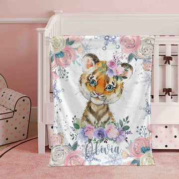 FUNSTUFFPRINT Custom Winter Floral Tiger Nursery Blanket, Personalized Baby Tiger Blanket Christmas Baby Blanket Kids Custom Name Blanket Jungle Baby Shower Gift