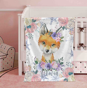 FUNSTUFFPRINT Custom Winter Floral Fox Nursery Blanket, Personalized Baby Fox Animal Blanket, Christmas Baby Blanket Kids Custom Name Jungle Baby Shower Gift