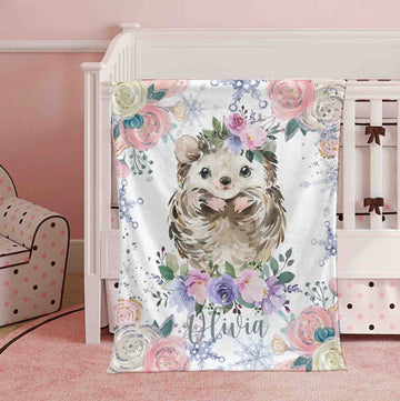 FUNSTUFFPRINT Custom Winter Floral Hedgehog Nursery Blanket, Personalized Baby Animal Blanket, Christmas Baby Blanket Kids Custom Name Jungle Baby Shower Gift