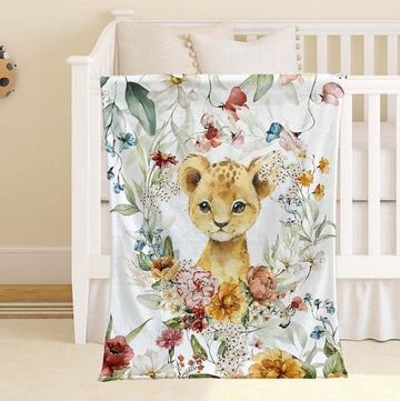 FUNSTUFFPRINT Custom Spring Floral Animal Nursery Blanket, Personalized Baby Lion Blanket, Safari Animal Baby Blanket Kids Custom Name Blanket Baby Shower Gift