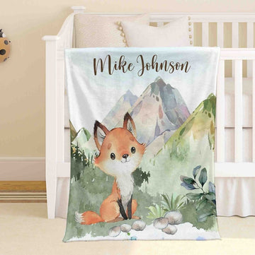 FUNSTUFFPRINT Custom Little Fox Nursery Blanket, Personalized Baby Foxy Blanket, Forest Animal Baby Blanket Kids Custom Name Blanket Woodland Baby Shower Gift