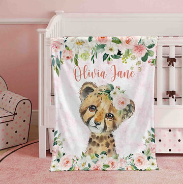 FUNSTUFFPRINT Custom Pink Floral Leopard Nursery Blanket, Personalized Baby Cheetah Blanket, Rose Flowers Girl Blanket, Kids Custom Name Blanket Baby Shower Gift