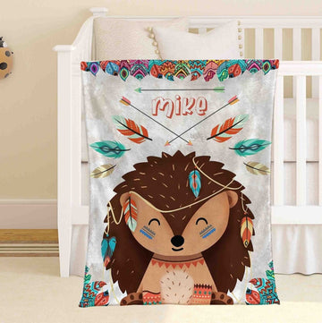 FUNSTUFFPRINT Custom Boho Hedgehog Nursery Blanket, Personalized Baby Boy Blanket, Woodland Forest Toddler Blanket, Custom Kids Blanket, Safari Baby Shower Gift