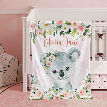 FUNSTUFFPRINT Custom Pink Floral Koala Nursery Blanket, Personalized Baby Koala Blanket, Rose Flowers Little Girl Blanket, Kids Custom Blanket, Baby Shower Gift