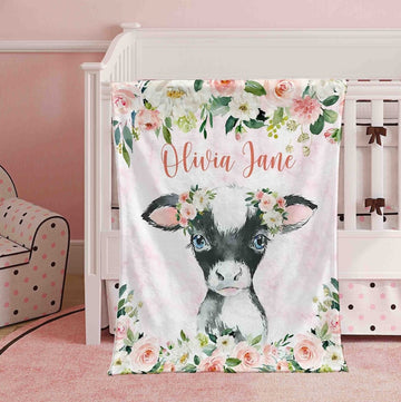 FUNSTUFFPRINT Custom Baby Cow Blanket, Pink Floral Cow Nursery Blanket, Rose Flowers Little Girl Blanket, Baby Shower Gift, Kids Custom Name Blanket