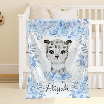 FUNSTUFFPRINT Custom Snow Leopard Baby Blanket Personalized Baby Leopard Blanket Arctic Animal Nursery Blanket Kids Name Blanket Winter Floral Baby Shower Gift