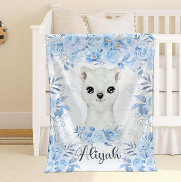 FUNSTUFFPRINT Custom Polar Bear Baby Blanket Personalized Baby Bear Blanket Arctic Animal Nursery Blanket Kids Custom Name Blanket Winter Floral Baby Shower Gift