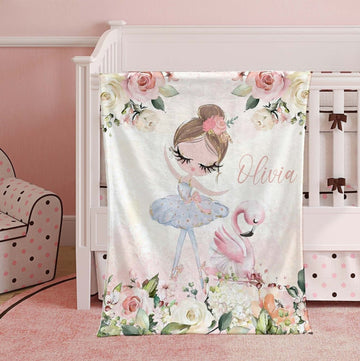 FUNSTUFFPRINT Custom Ballet Girl Nursery Blanket, Ballerina Blanket, Personalized Dancer Gift, Flowers Baby Blanket, Kids Custom Blanket, Floral Baby Shower Gift