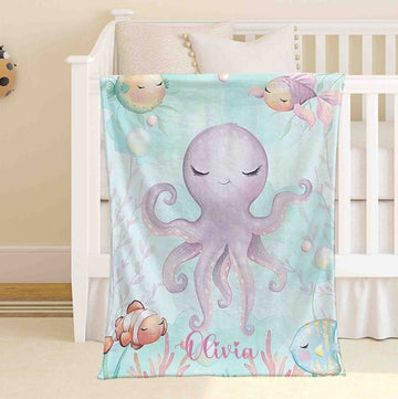 FUNSTUFFPRINT Custom Little Octopus Blanket Personalized Ocean Animal Nursery Blanket Sea Animal Kids Custom Name Blanket Ocean Baby Shower Gift Christmas Throw