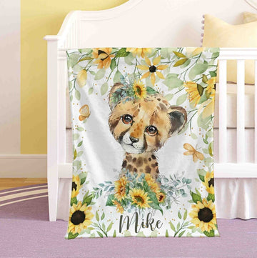 FUNSTUFFPRINT Custom Leopard Sunflower Nursery Blanket, Personalized Baby Cheetah Blanket, Forest Baby Blanket, Kids Custom Name Blanket, Floral Baby Shower Gift