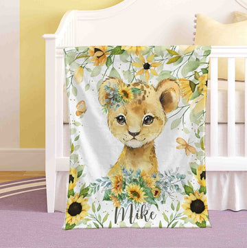 FUNSTUFFPRINT Custom Lion Sunflower Nursery Blanket, Personalized Baby Animal Blanket, Safari Baby Blanket, Kids Custom Name Blanket, Floral Baby Shower Gift