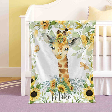 FUNSTUFFPRINT Custom Sunflower Giraffe Nursery Blanket, Personalized Baby Animal Blanket, Safari Baby Blanket, Kids Custom Name Blanket, Floral Baby Shower Gift