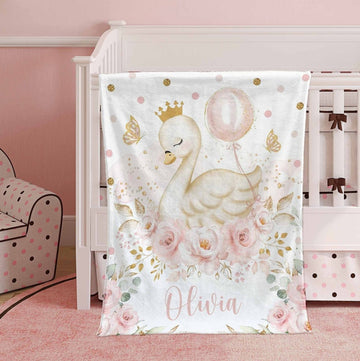 FUNSTUFFPRINT Custom Princess Swan Blanket Personalized Christmas Nursery Blanket Little Swan Kids Custom Name Blanket Spring Floral Baby Shower Gift For Girls