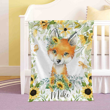 FUNSTUFFPRINT Custom Sunflower Fox Nursery Blanket, Personalized Baby Foxy Blanket, Woodland Animal Baby Blanket Kids Custom Name Blanket Floral Baby Shower Gift