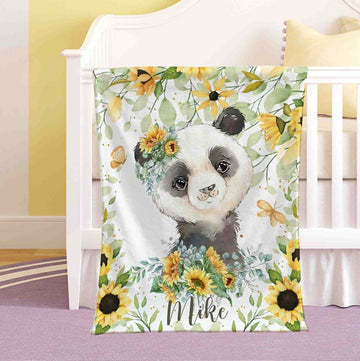 FUNSTUFFPRINT Custom Panda Sunflower Nursery Blanket, Personalized Baby Panda Blanket, Forest Baby Blanket, Kids Custom Name Blanket, Floral Baby Shower Gift