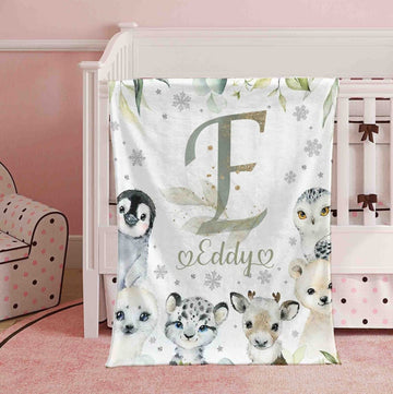 FUNSTUFFPRINT Custom Arctic Animals Blanket, Winter Snow Animal Nursery Blanket, Custom Alphabet Blanket, Personalized Baby Shower Gift, Kids Custom Blanket