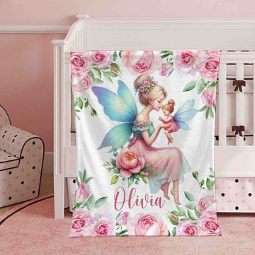FUNSTUFFPRINT Custom Mom And Baby Fairy Nursery Blanket Personalized Mother Daughter Blanket Flowers Girl Room Decor Kids Custom Name Blanket Baby Shower Gift