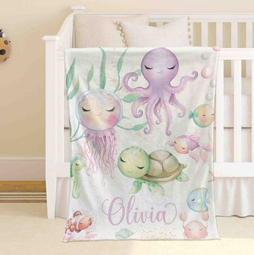 FUNSTUFFPRINT Custom Sea Animals Nursery Blanket Personalized Baby Blanket Ocean Animal Blanket Kids Custom Name Blanket Under The Sea Baby Shower Gift For Girls