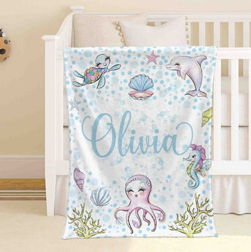 FUNSTUFFPRINT Custom Sea Animals Blanket Personalized Ocean Nursery Blanket Octopus Kids Custom Name Blanket Under the Sea Baby Shower Gift For Girls