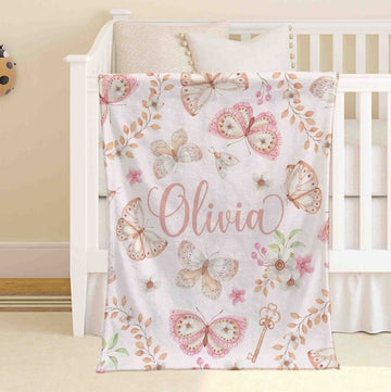 FUNSTUFFPRINT Custom Baby Name Blanket Personalized Butterfly Nursery Blanket Kids Custom Name Blanket Butterfly Baby Shower Gift For Girls