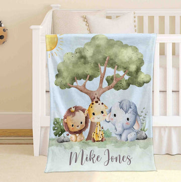 FUNSTUFFPRINT Custom Safari Animals Nursery Blanket Personalized Baby Blanket Forest Animal Blanket Kids Custom Name Blanket Jungle Baby Shower Gift For Boys