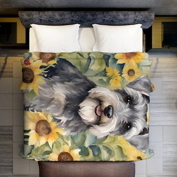 FUNSTUFFPRINT Schnauzer Minky Blanket, Sunflowers & Schnauzer Minky Blanket