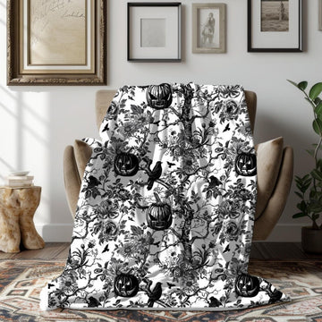 FUNSTUFFPRINT Halloween Chinoiseri Velveteen Blanket, Pumpkins and Flowers, Spooky Season Cozy Throw, Gift for Her, Couch Throw, Spooky Vintage Gifts