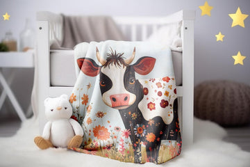 FUNSTUFFPRINT Whimsical Cow Velveteen Blanket, Cute Cow Baby Blanket Print, Sherpa Blanket Nursery Room Decor, Baby Girl Blanket, Swaddle Baby Blanket