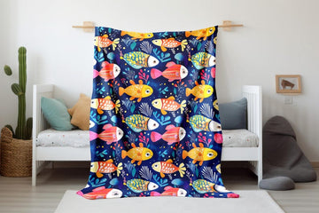 FUNSTUFFPRINT Whimsical Colorful Fish Baby Blanket, Cute Full Print Fish Velveteen Blanket, Sherpa Blanket Nursery Room Decor