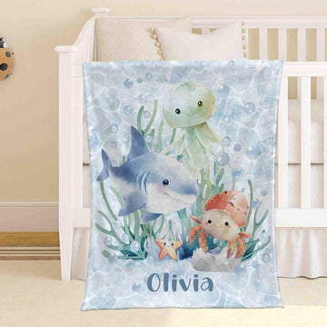 FUNSTUFFPRINT Custom Ocean Animals Nursery Blanket Personalized Baby Blanket Sea Animal Blanket Kids Custom Name Blanket Under The Sea Baby Shower Gift For Boys